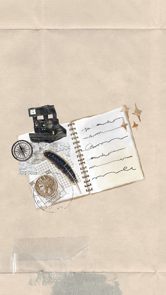 Travel journal aesthetic mobile wallpaper, paper collage background