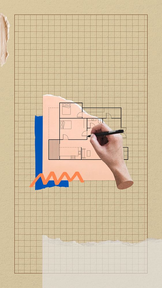 Architecture drawing collage phone wallpaper, grid patterned background