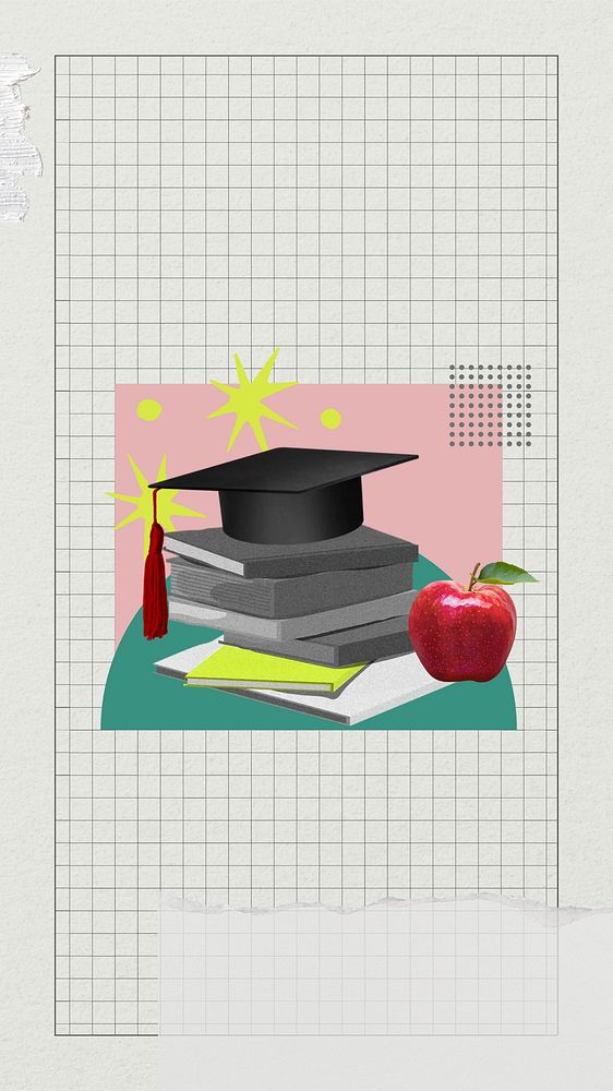 Graduation cap phone wallpaper, education paper collage art