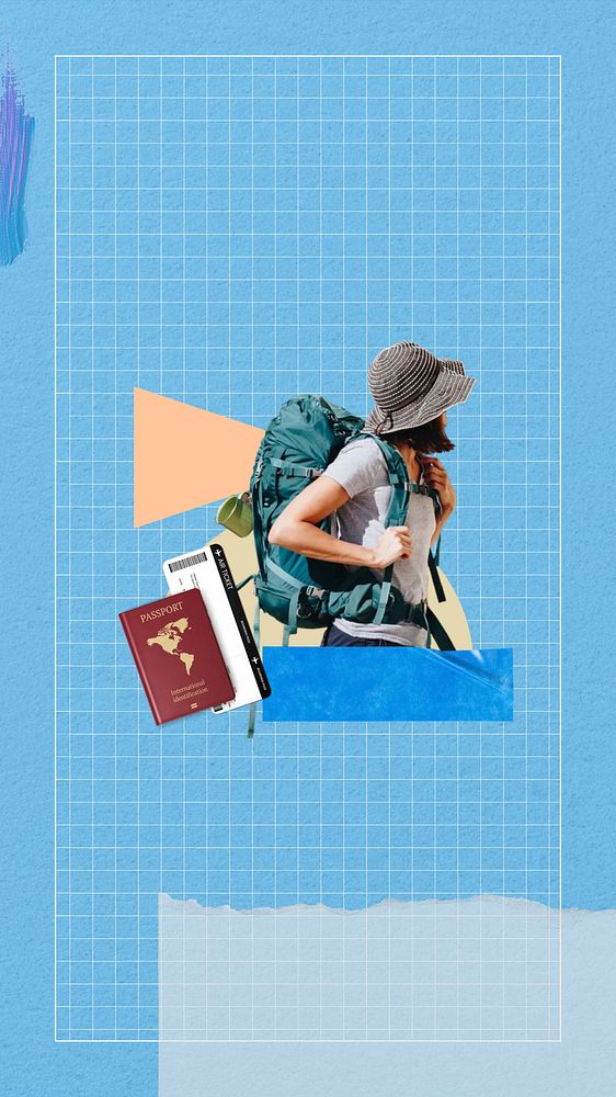 Woman backpacker aesthetic phone wallpaper, travel collage art
