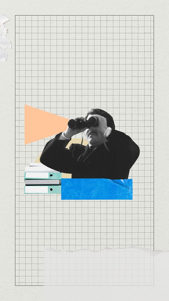 Businessman using binoculars phone wallpaper, paper collage art