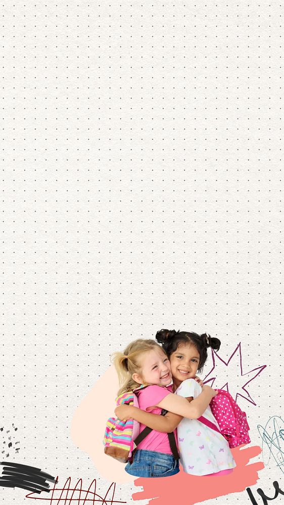 Little girls hugging mobile wallpaper, education collage art