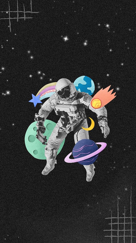 Astronaut space aesthetic iPhone wallpaper, paper collage art