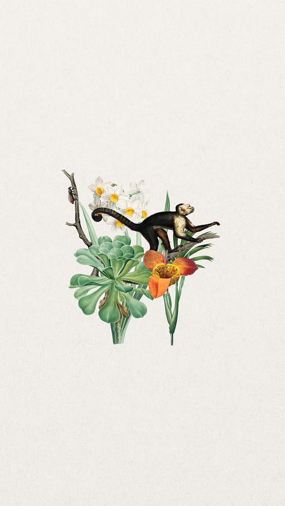 Wild monkey phone wallpaper, vintage flower remix background