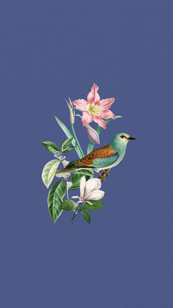 Exotic blue bird mobile wallpaper, vintage flower remix background