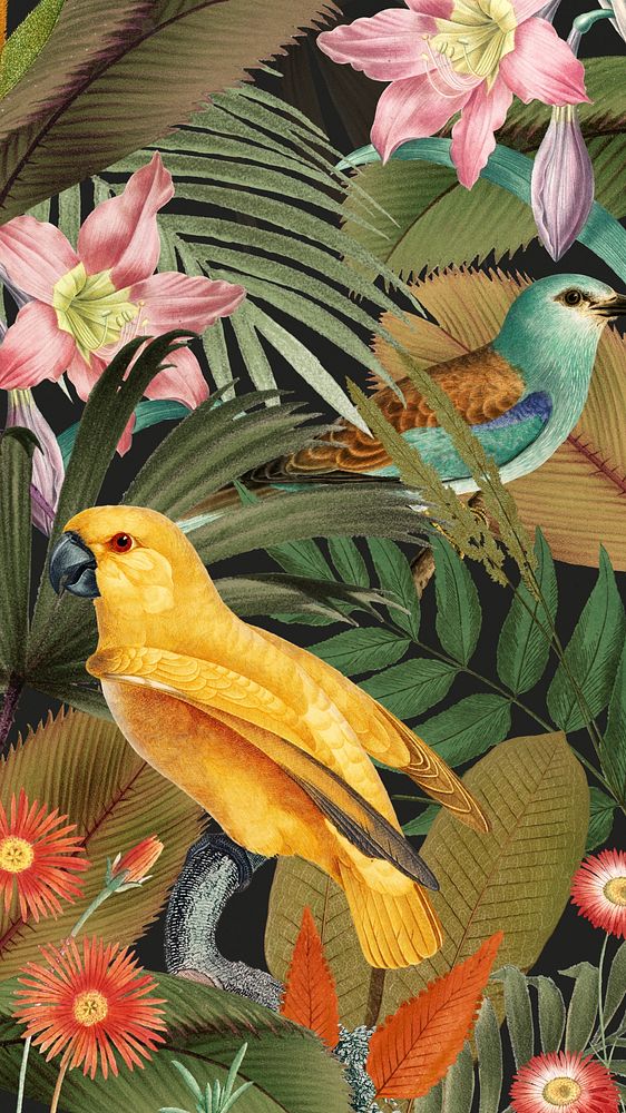 Exotic birds pattern mobile wallpaper, jungle illustration