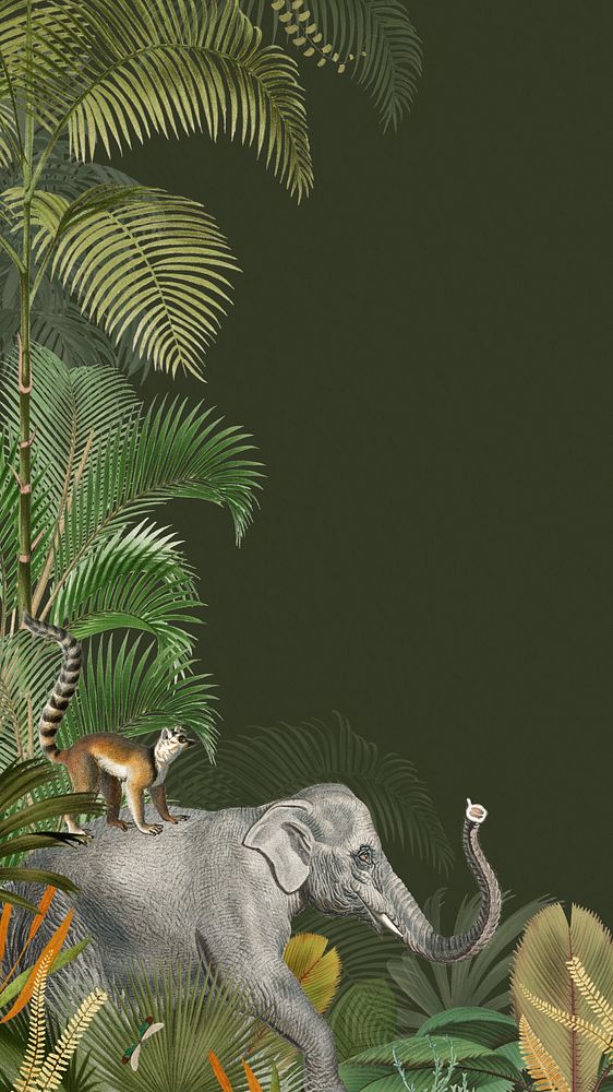 Vintage jungle elephant phone wallpaper, wild animal background