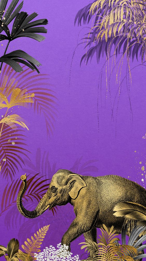Vintage jungle elephant phone wallpaper, gold wildlife background