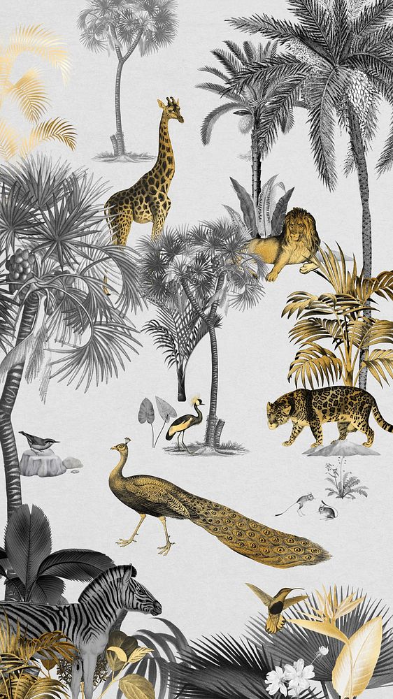 Gold wildlife pattern iPhone wallpaper, jungle animals background