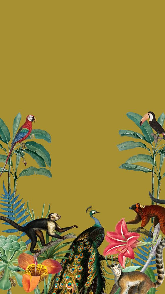 Vintage jungle animal phone wallpaper, wildlife border background