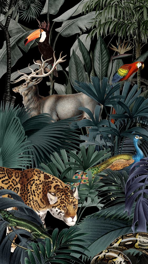 Vintage wildlife pattern mobile wallpaper, jungle animal illustration