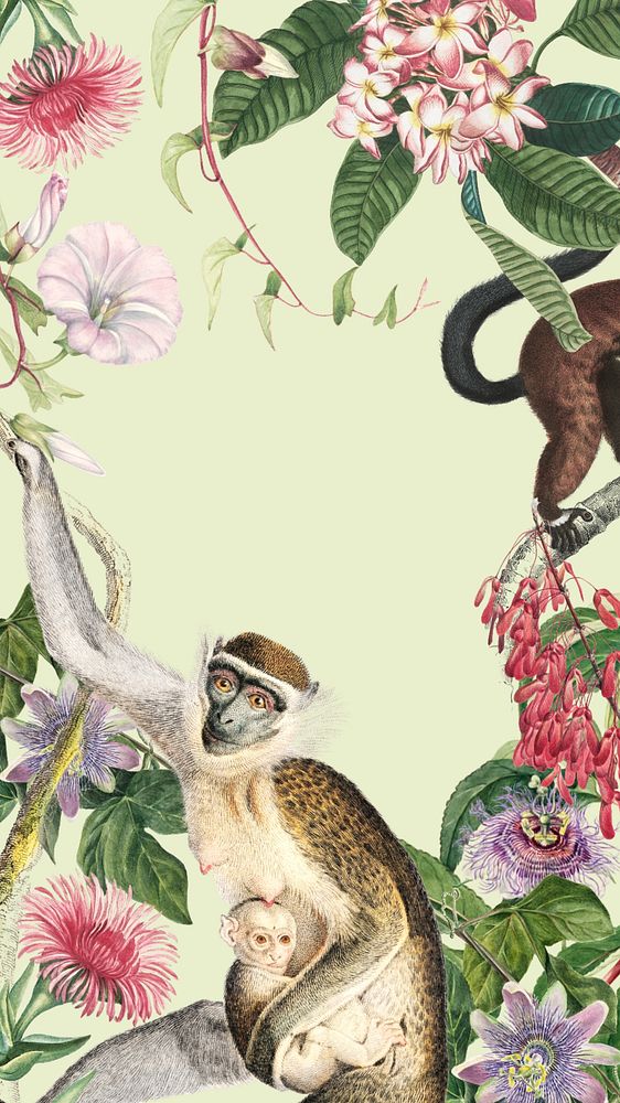 Vintage floral monkey mobile wallpaper, jungle frame background
