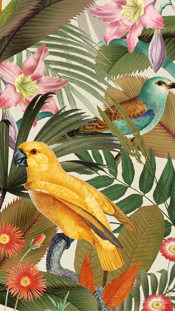 Exotic birds pattern mobile wallpaper, jungle illustration