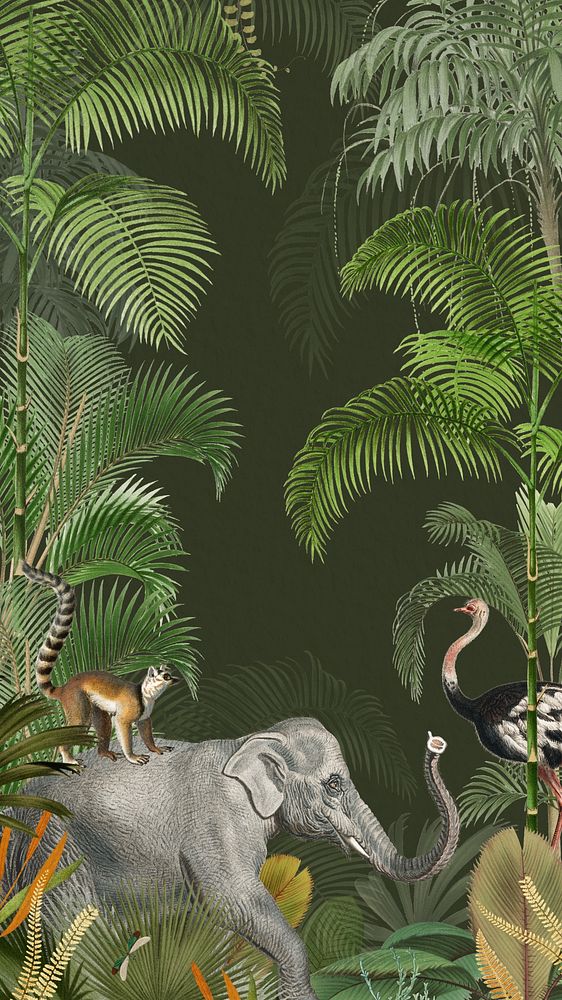 Vintage jungle elephant phone wallpaper, wild animal background