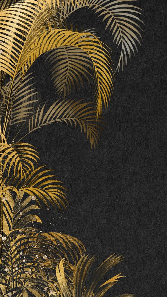 Gold palm leaf iPhone wallpaper, botanical border black background