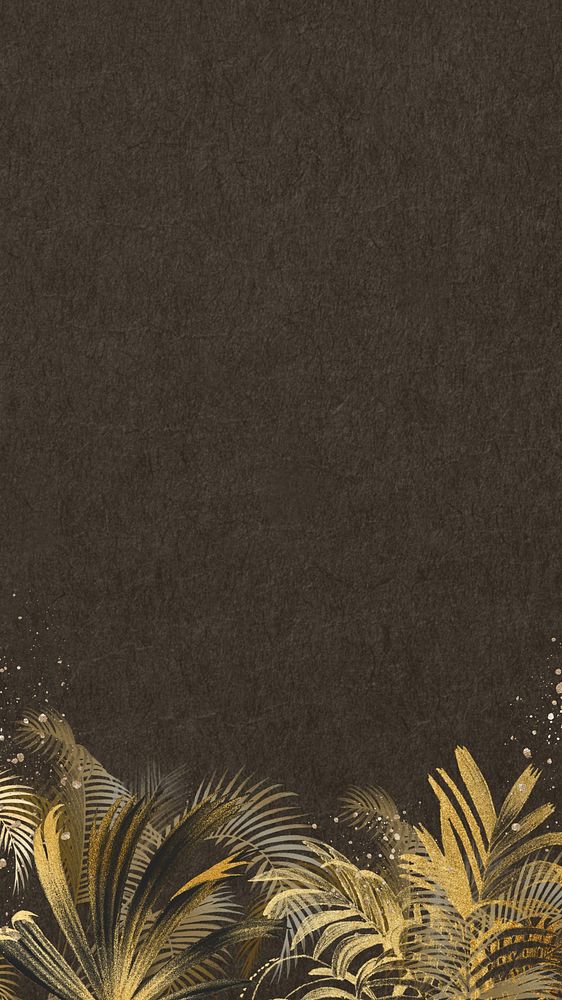 Gold palm leaf iPhone wallpaper, botanical border brown background