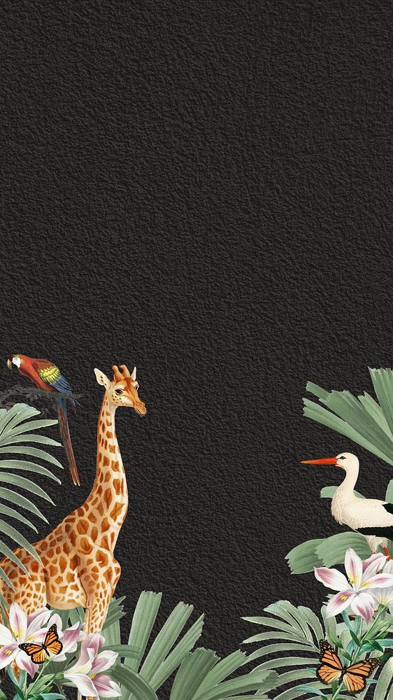 Vintage wildlife giraffe mobile wallpaper, aesthetic leaf border