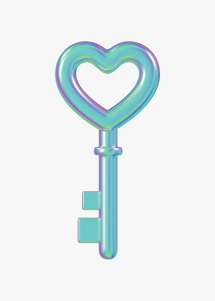 Holographic heart key, 3D Valentine's collage element psd