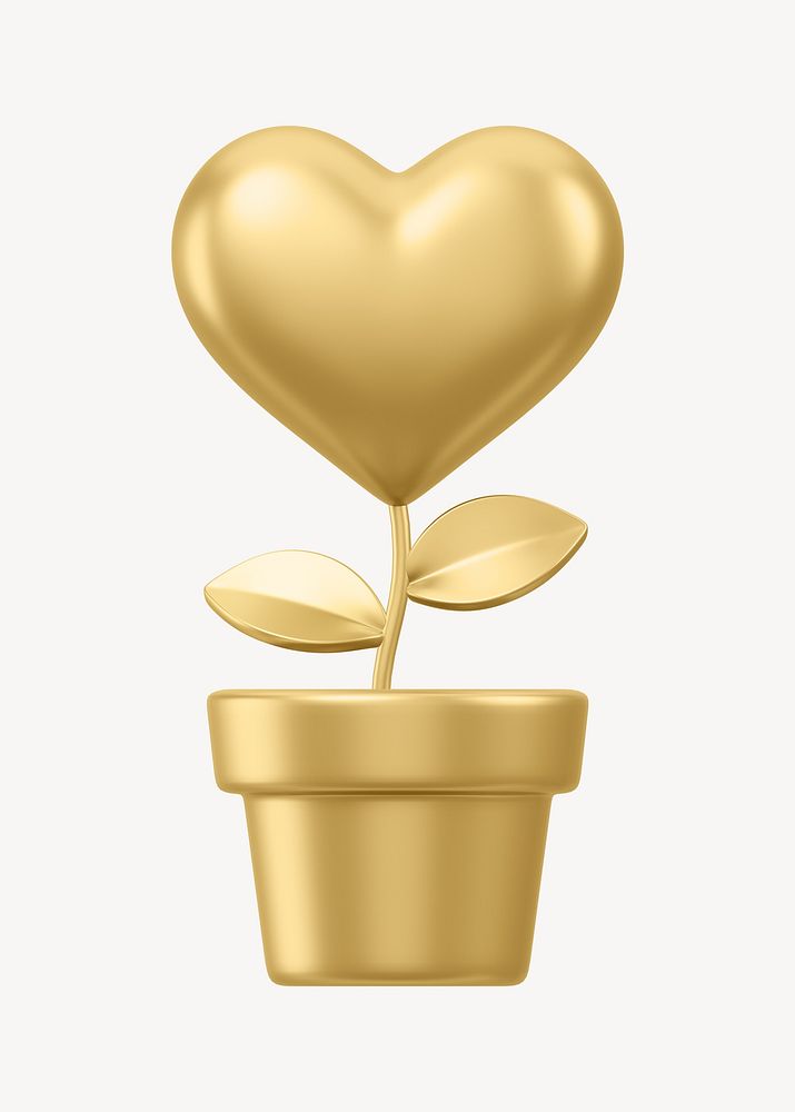 Gold heart plant, 3D Valentine's illustration