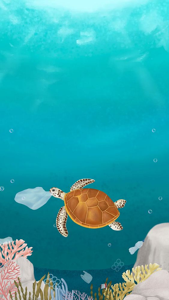 Sea turtle, pollution iPhone wallpaper background
