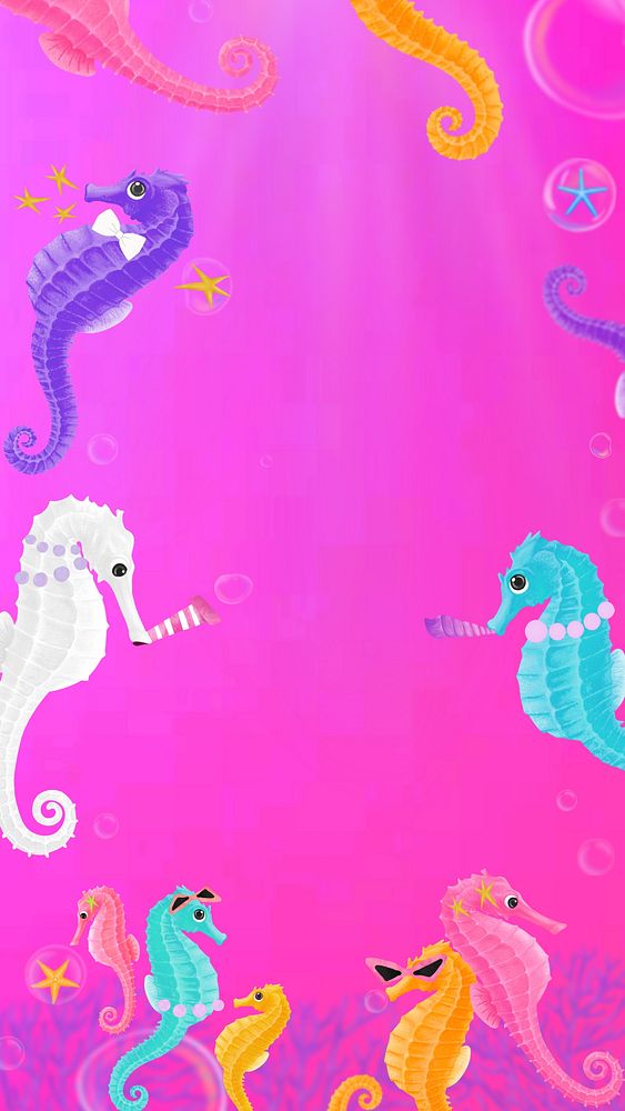 Seahorse party frame, pink iPhone wallpaper background
