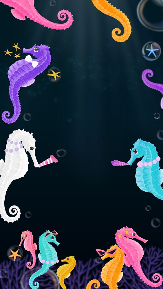 Seahorse party frame, black iPhone wallpaper background
