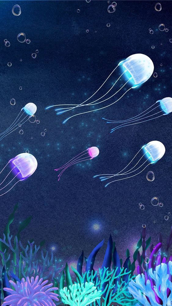 Neon jellyfish, dark iPhone wallpaper background