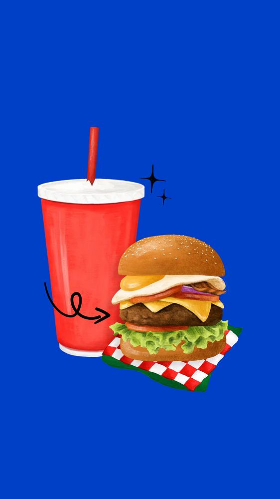 Cheeseburger & soda iPhone wallpaper, fast food illustration