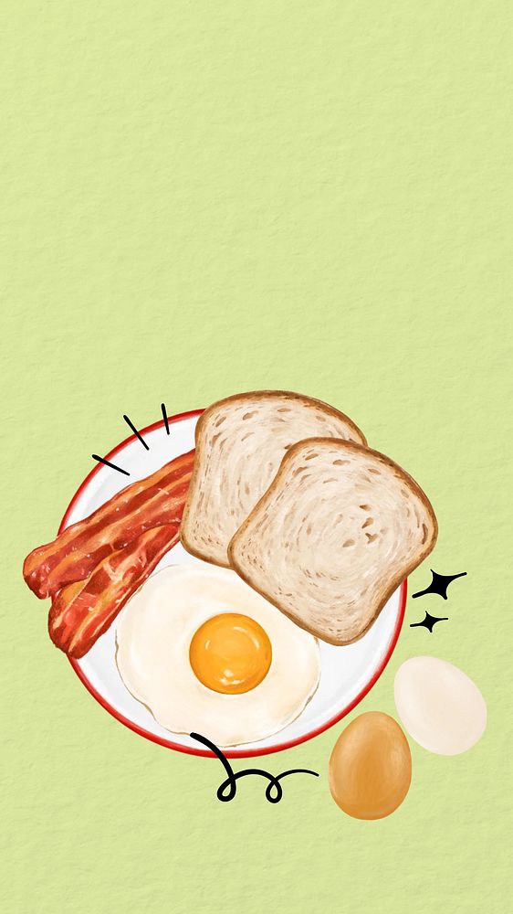 Yummy breakfast illustration phone wallpaper, fried-egg, bacon & toast background