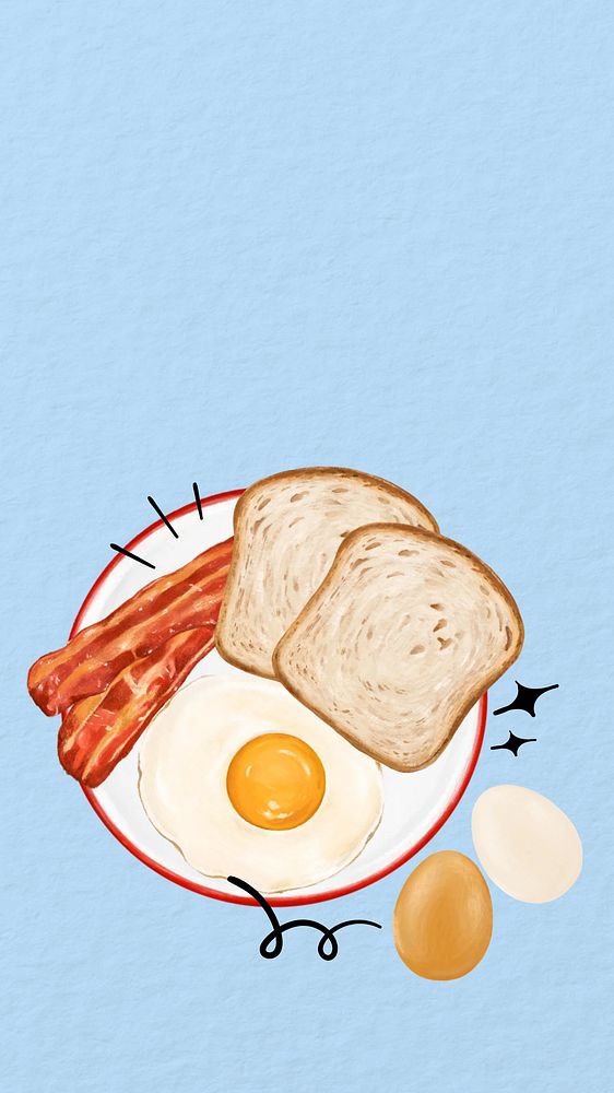 Yummy breakfast illustration phone wallpaper, fried-egg, bacon & toast background
