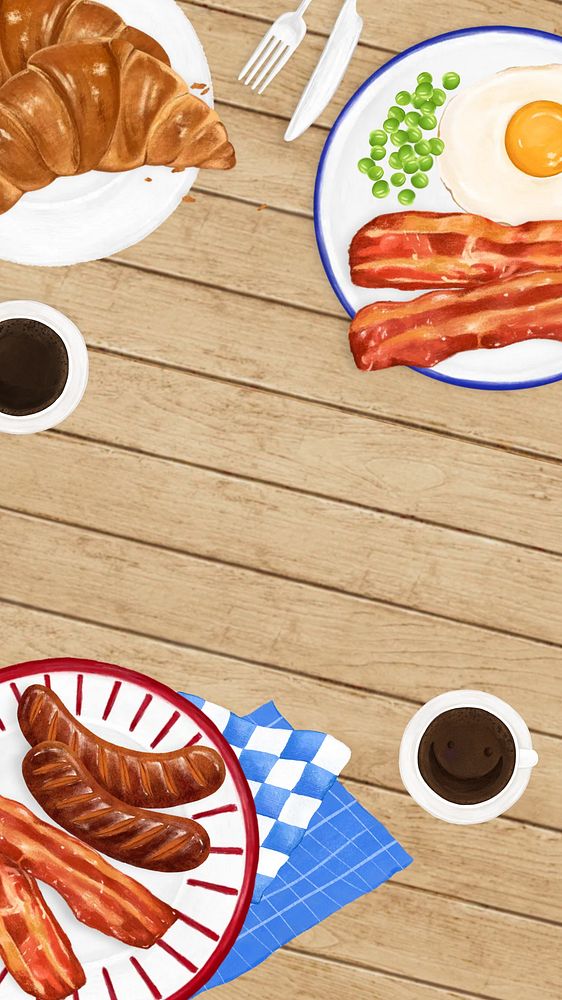 Breakfast food illustration phone wallpaper, wooden table background