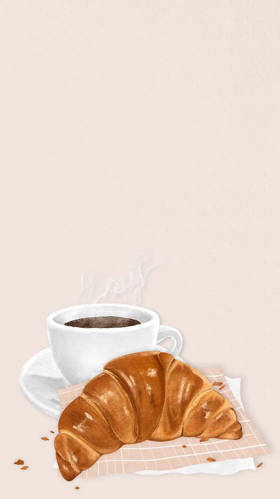 Beige croissant breakfast iPhone wallpaper, aesthetic food illustration