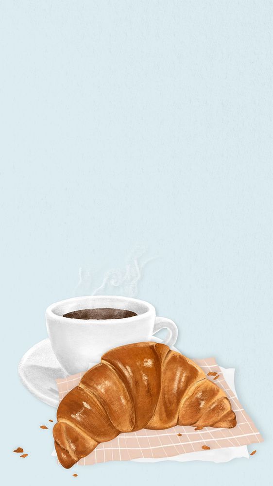 Blue croissant breakfast iPhone wallpaper, aesthetic food illustration