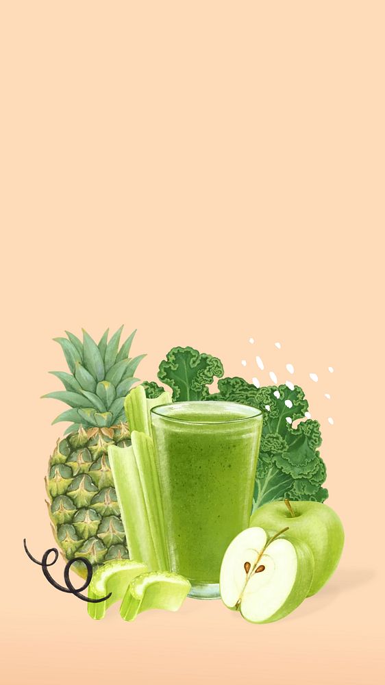 Healthy green juice phone wallpaper, fruit and vegetable illustration