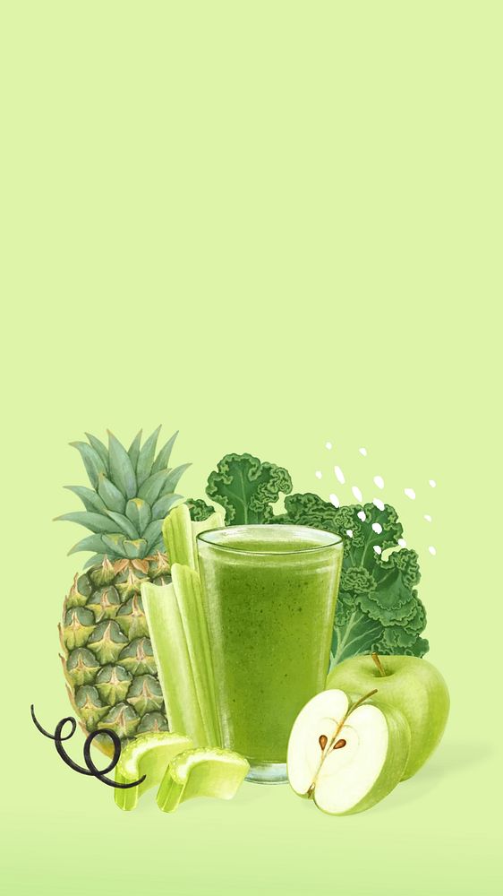 Healthy green juice phone wallpaper, fruit and vegetable illustration