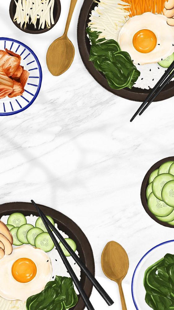Bibimbap Korean food phone wallpaper, Asian cuisine illustration