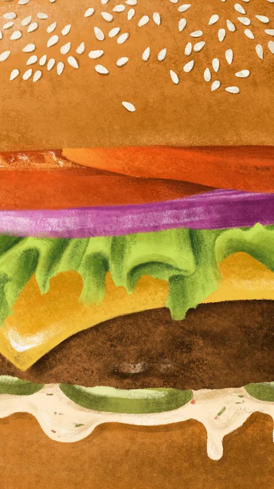 Homemade juicy burger phone wallpaper, fast food illustration