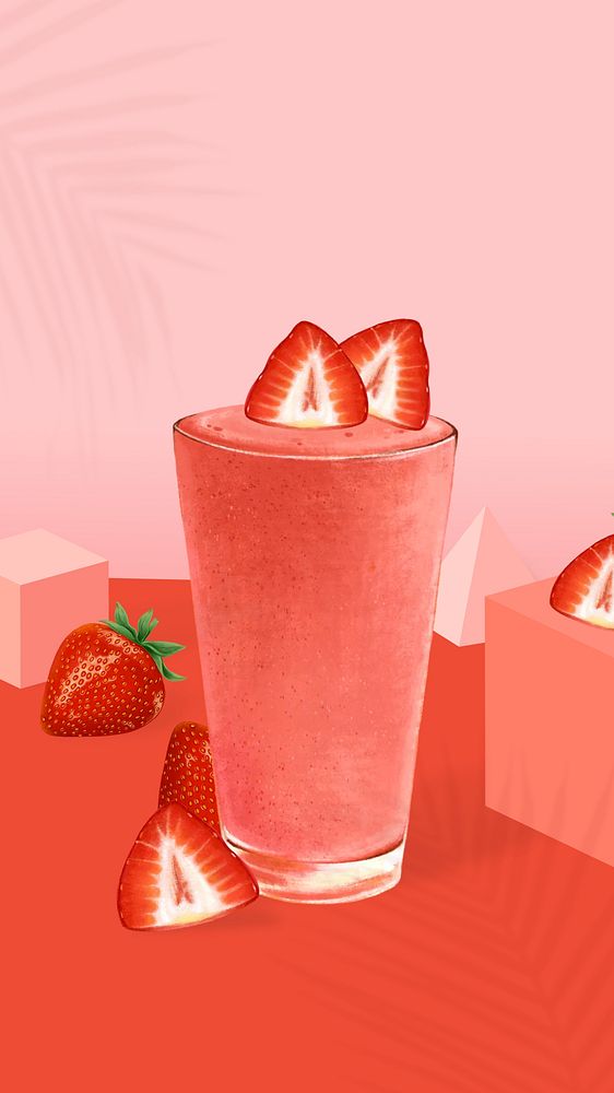 Strawberry smoothie glass phone wallpaper, healthy drink illustration