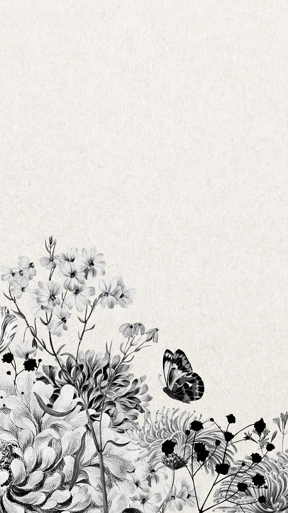 Vintage flower border mobile wallpaper, black and white botanical illustration