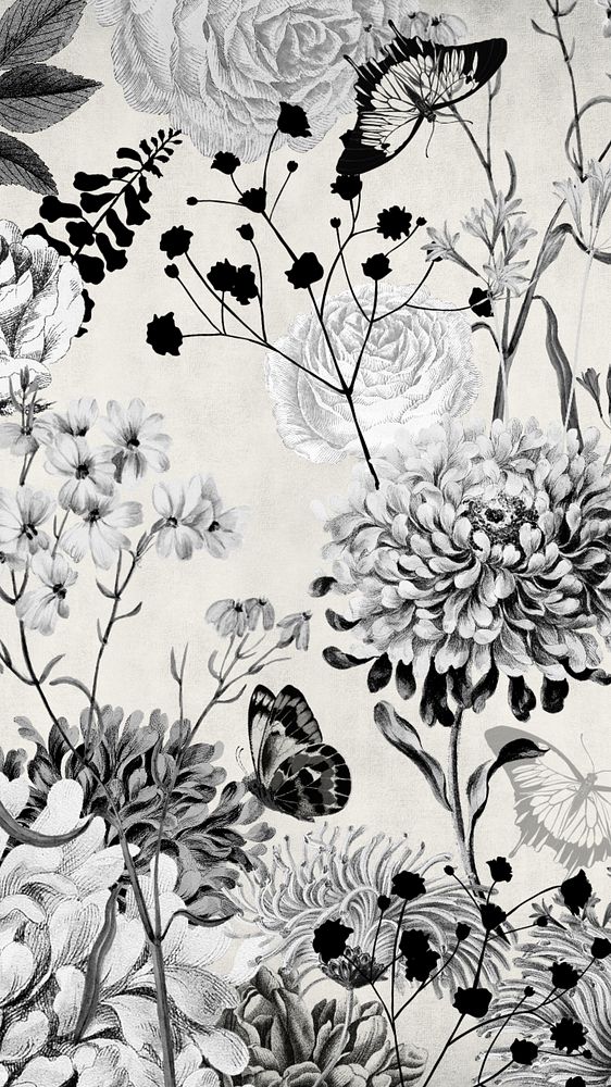 Vintage flower phone wallpaper, black and white background