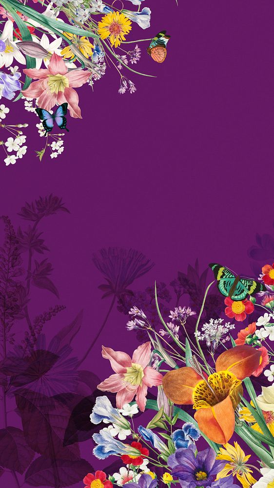 Purple vintage wildflower iPhone wallpaper, aesthetic botanical border background