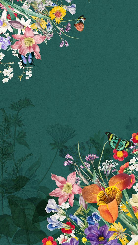Green vintage wildflower iPhone wallpaper, aesthetic botanical border background
