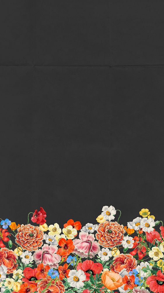 Summer flowers border phone wallpaper, black textured background