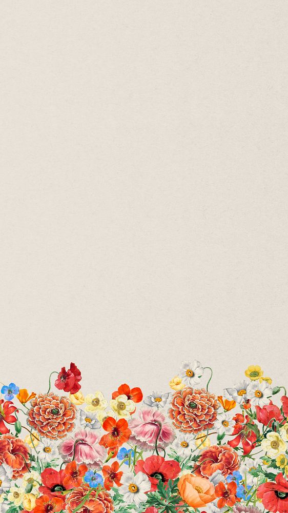 Summer flowers border phone wallpaper, beige textured background