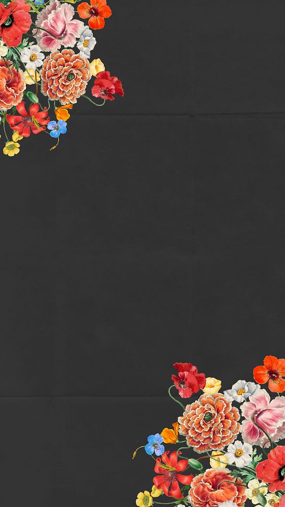 Summer flowers border phone wallpaper, black textured background