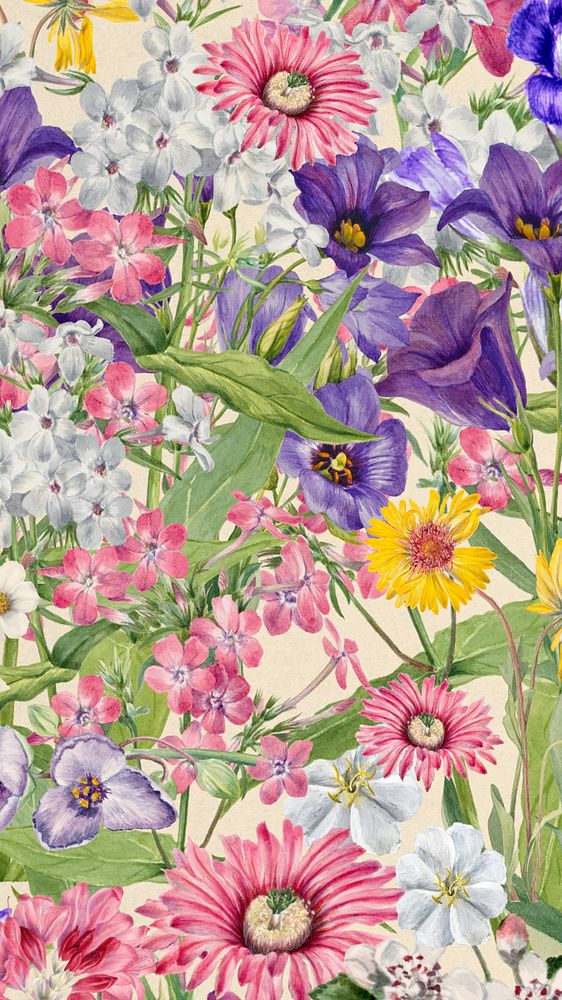 Purple wildflower pattern phone wallpaper, aesthetic botanical background