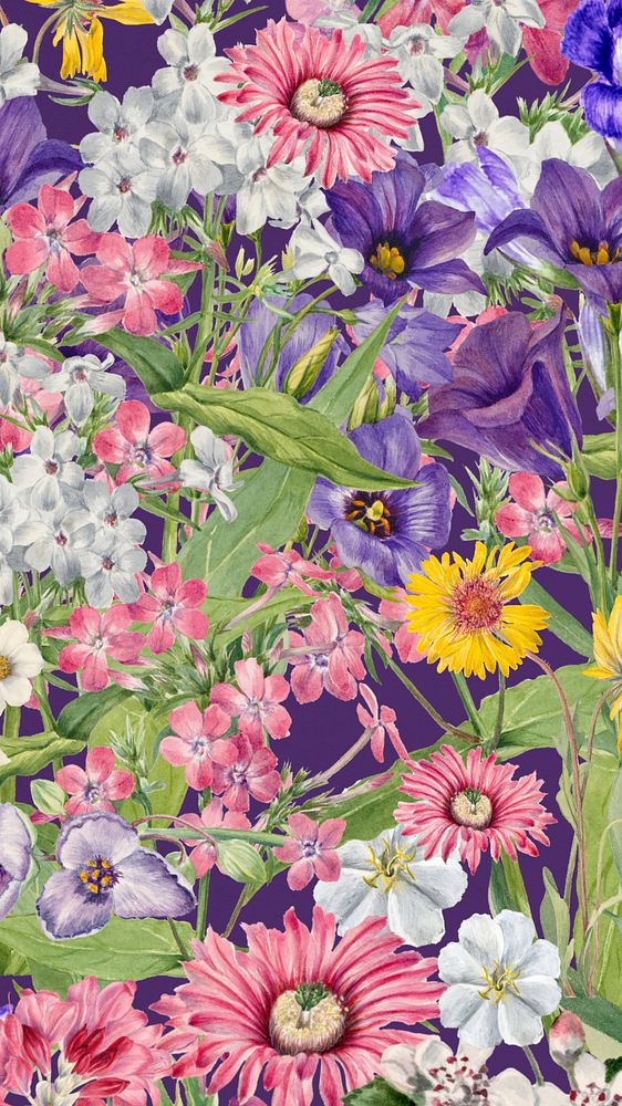 Purple wildflower pattern phone wallpaper, aesthetic botanical background