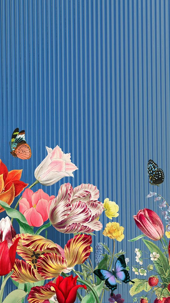 Colorful exotic flowers phone wallpaper, blue striped background