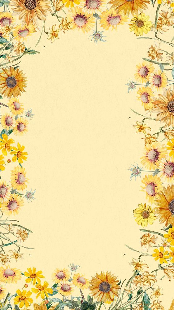 Spring sunflowers frame phone wallpaper, yellow background