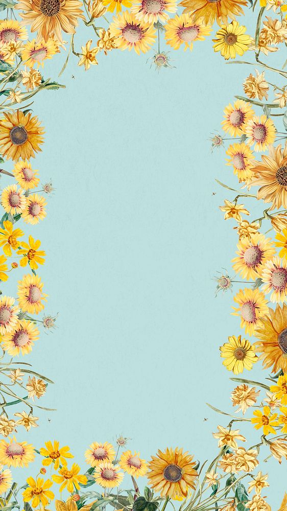 Spring sunflowers frame phone wallpaper, blue background